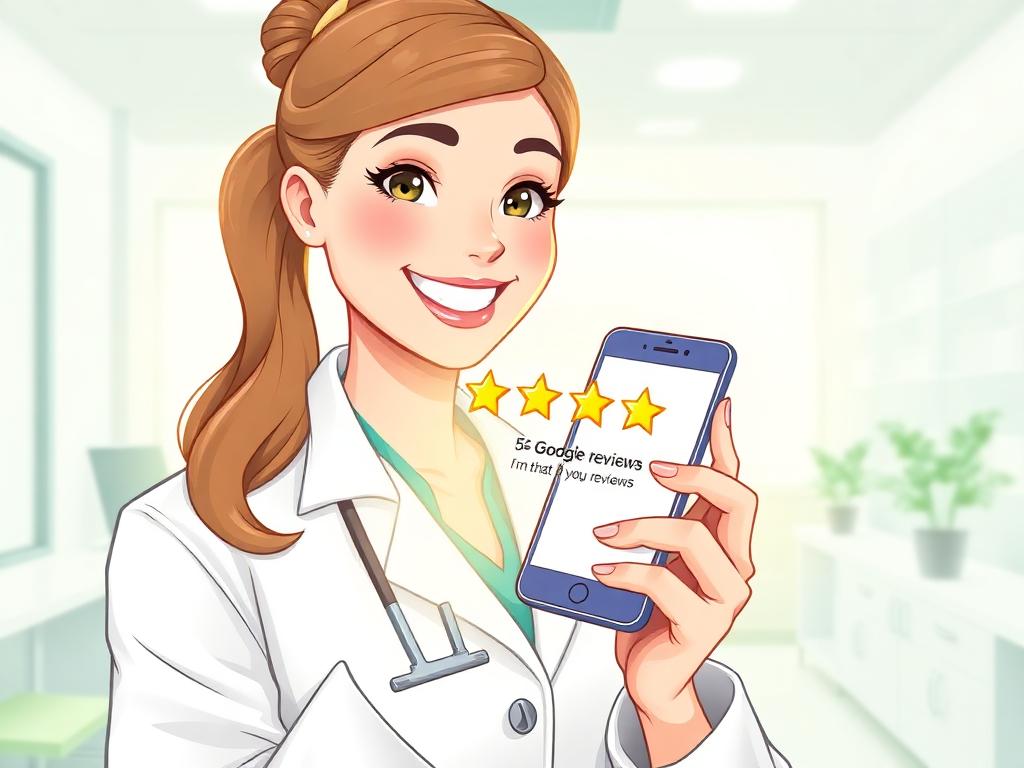 Médica feliz com avaliações 5 estrelas no celular